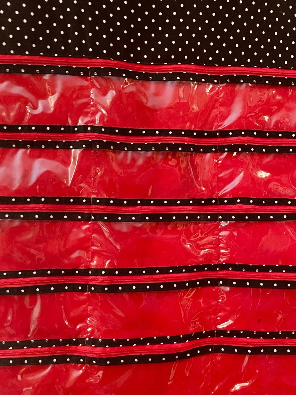 Red Polka-Trim Hanging Jewelry Organizer - Stylish Storage